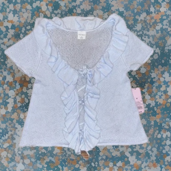 Baby Blue Cardigan Knitted Sweater Short Sleeves Ruffles 3 Ties 4 Closure HTF - Picture 1 of 10